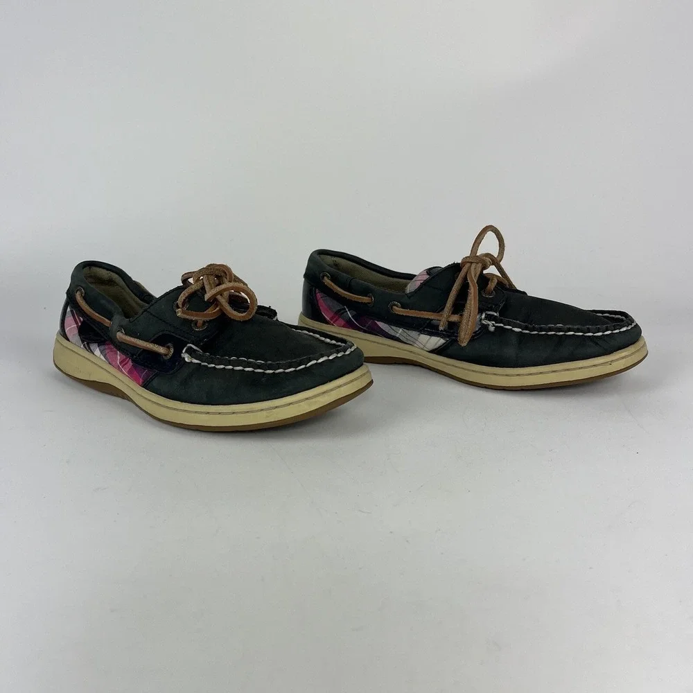 Sperry Top-Sider Koifish Womens‎ 7.5 Blue Plaid Boat Shoe Leather Preppy Deck